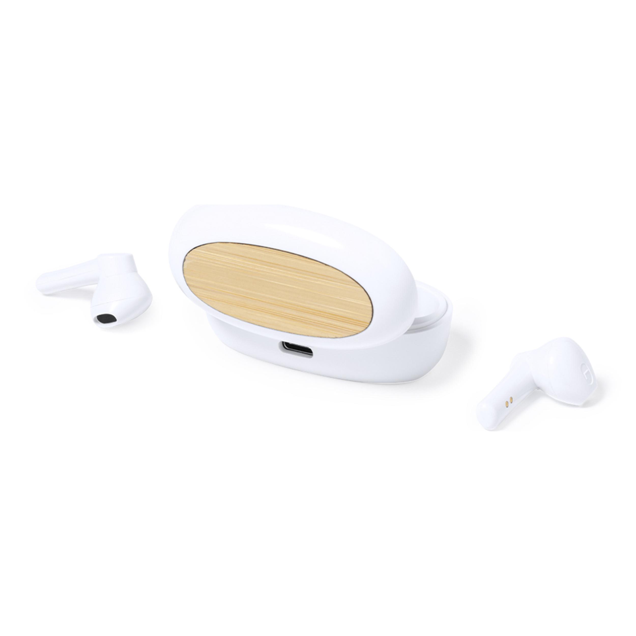 DAM Auriculares TWS Kermit, Bluetooth 5.0, con base de carga de 250mAh. Materiales de fibras naturales sostenibles. 6,5x3,6x2,5 Cm. Color: Blanco