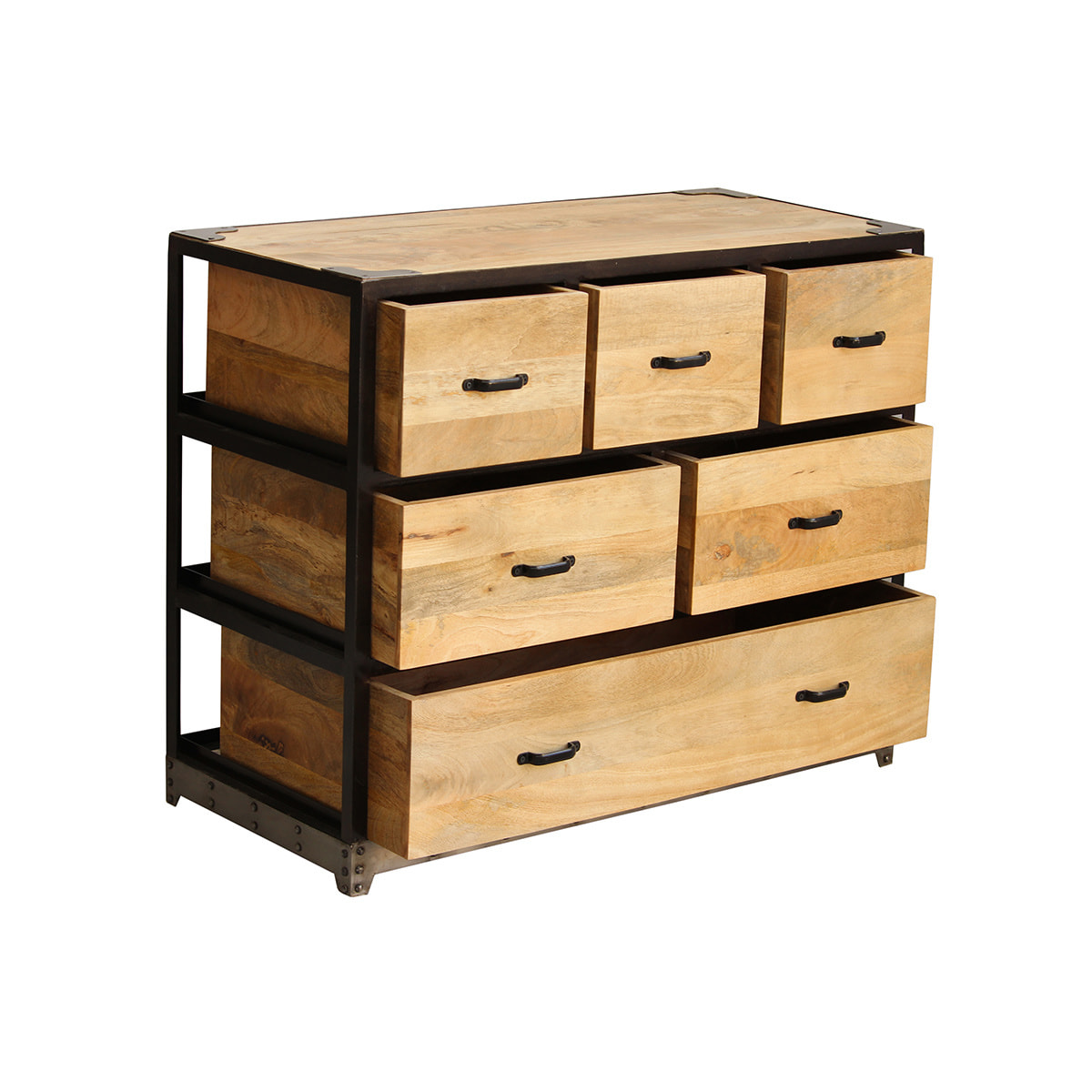 Commode industrielle en bois manguier massif et métal noir 6 tiroirs L99 cm INDUSTRIA