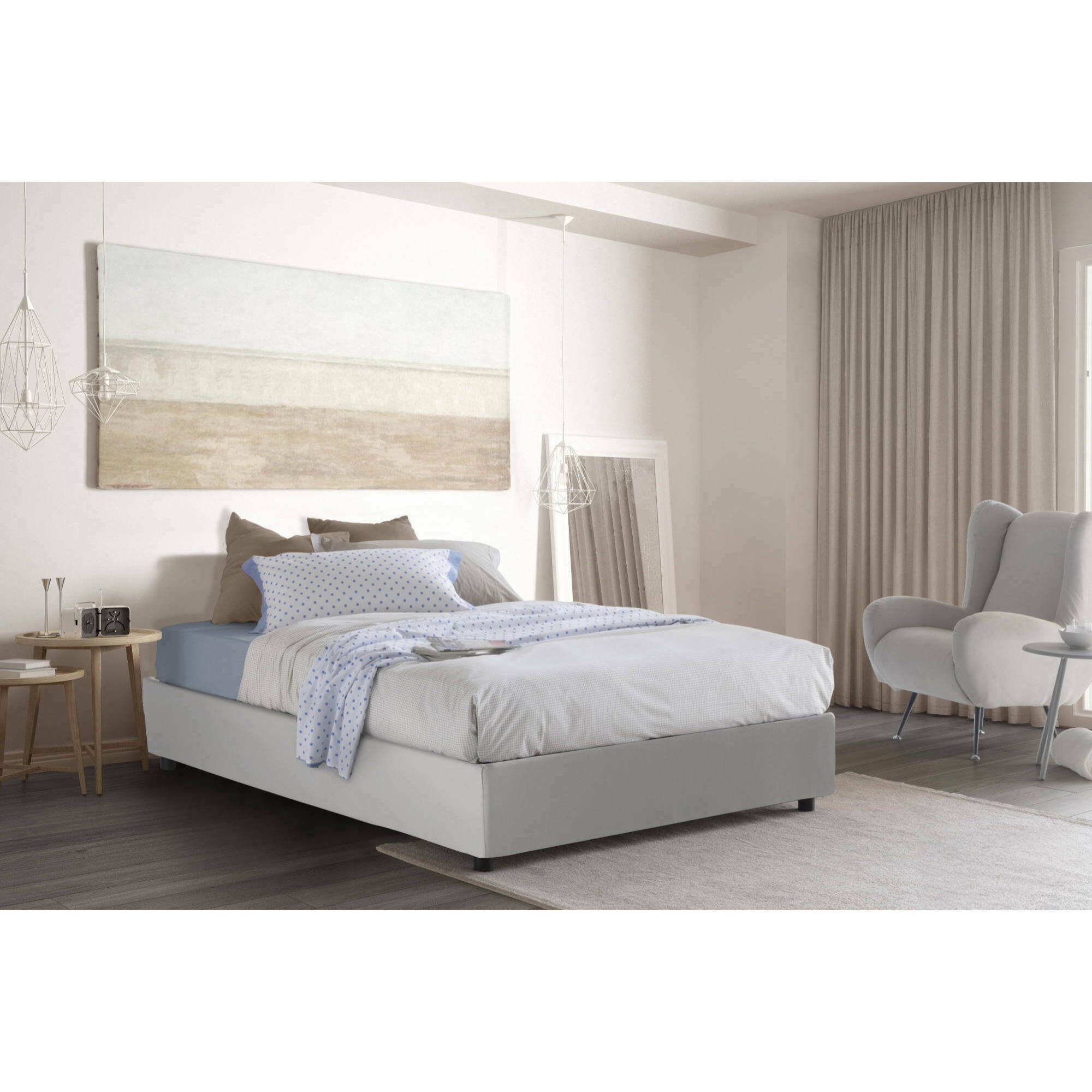 Letto piazza e mezza Matilde, Letto contenitore con rivestimento in ecopelle, 100% Made in Italy, Apertura frontale, adatto per materasso Cm 120x190, Bianco