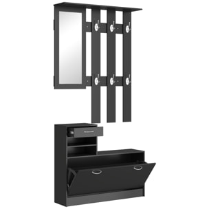 Conjunto de Recibidor de Entrada con Espejo, Perchero y Zapatero, Muebles de Recibidor de 2 Piezas con 6 Ganchos, Estante y Cajón, para Pasillo, Negro