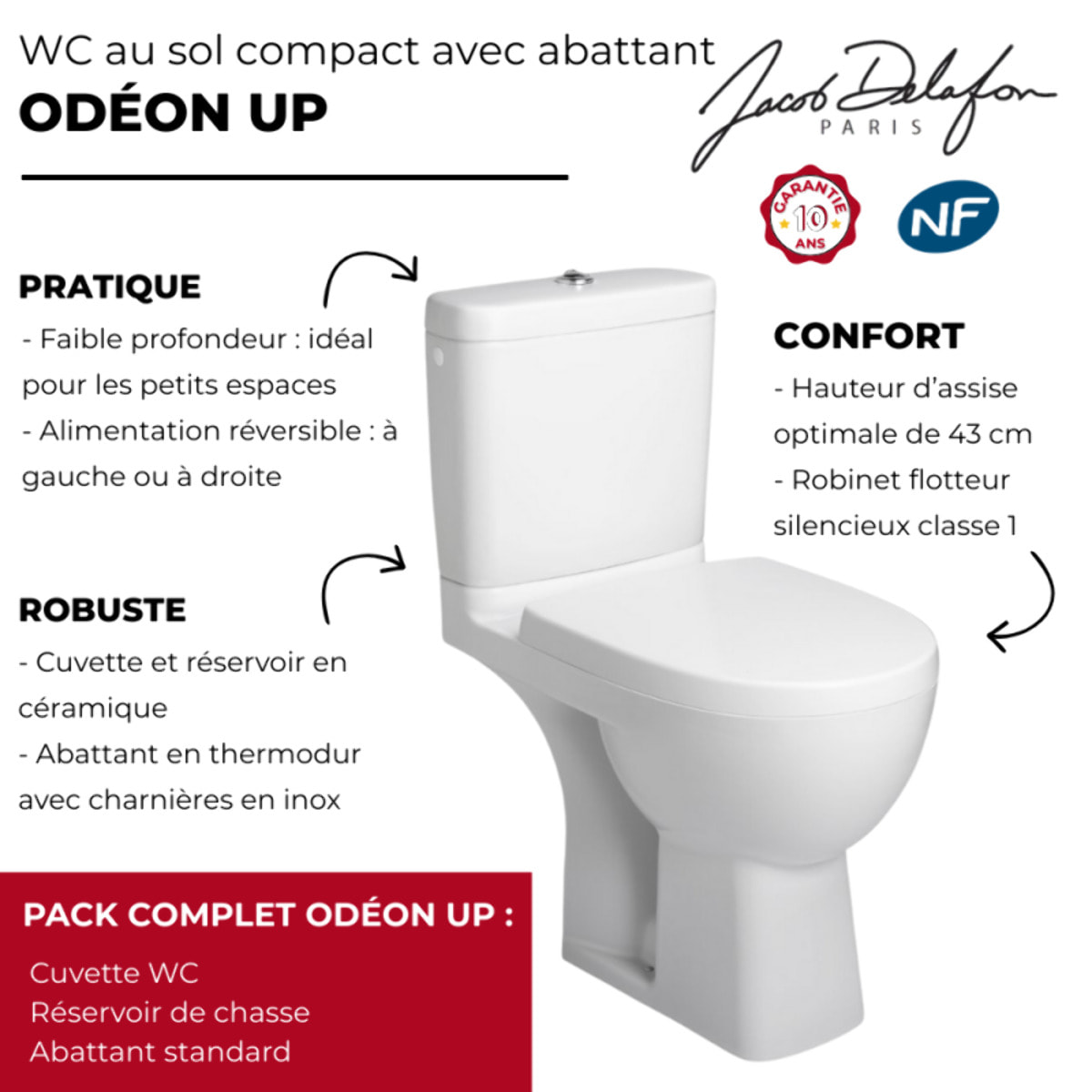 WC à poser compact sortie horizontale Odéon up avec abattant