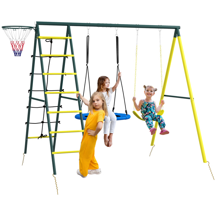 Columpio Infantil 4 en 1, con Columpio Nido e Individual, Red para Escalar, Canasta de Baloncesto, Escalera, Carga 160 kg, para Exterior, Parque Infantil para Niños de 3 a 8 Años, Amarillo