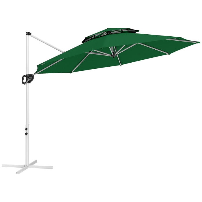 Sombrilla de Jardín Ø292 cm Parasol Excéntrico con Manivela Giratorio 360° Inclinación Ajustable Doble Techo y Base Cruzada Sombrilla para Terraza Exterior Patio Verde Oscuro