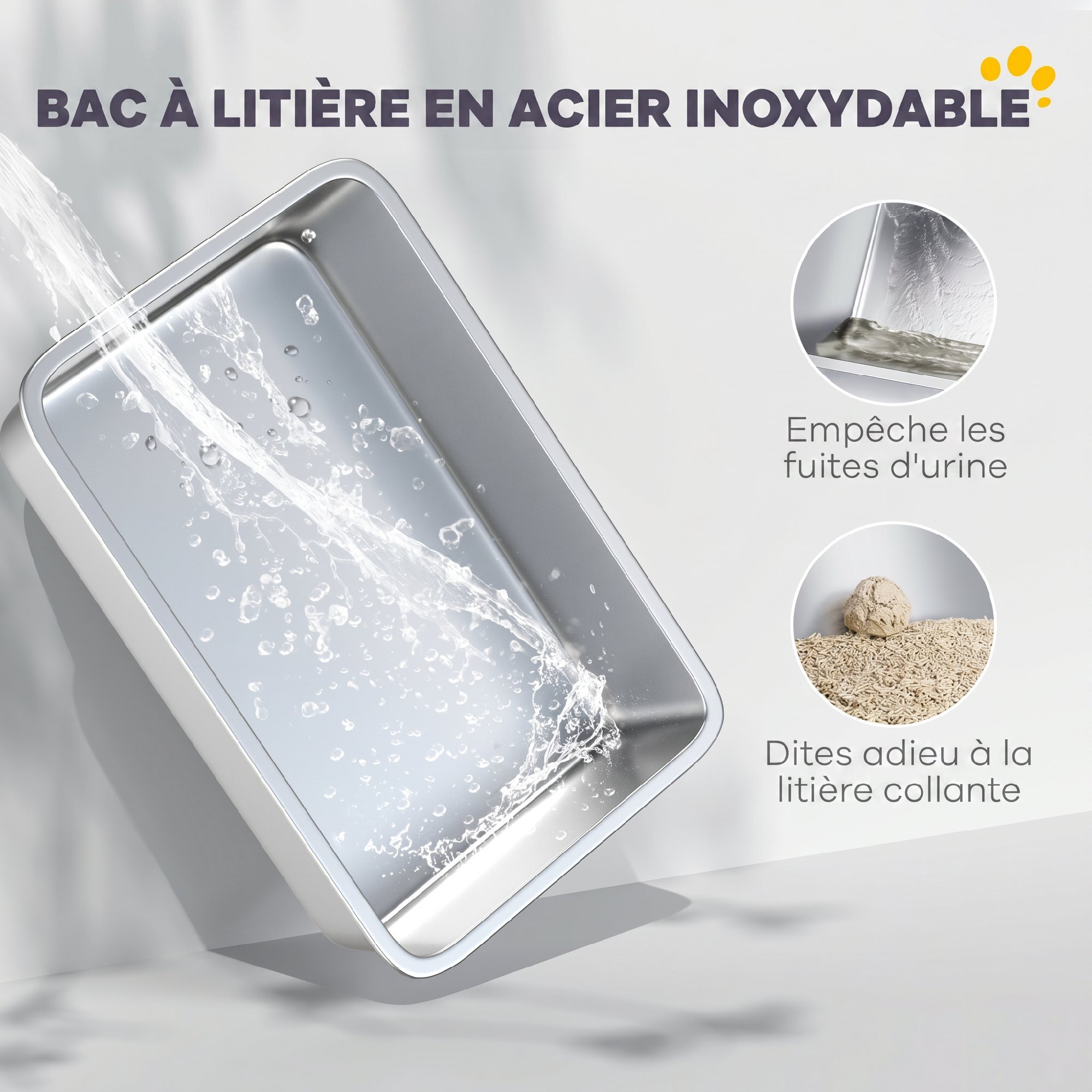 Maison de toilette bac à litière chat - 60 x 40 x 28 cm - pelle, poignée - acier inox plastique gris