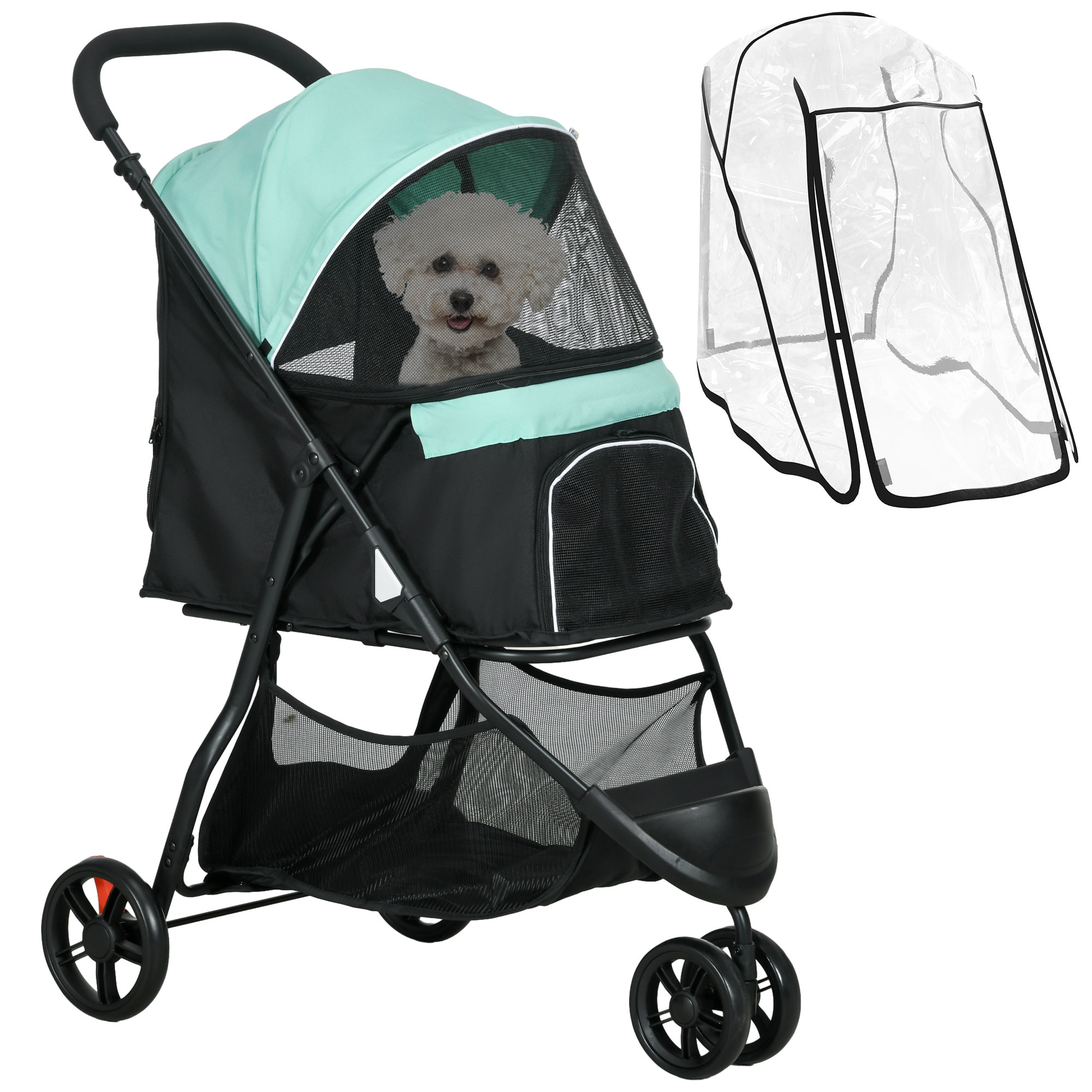 Carrito para Perros Plegable Cochecito para Mascotas Carrito para Perros Pequeños con Cesta de Almacenaje Ventana de Malla Cubierta para Lluvia y 2 Ruedas Universales 80,5x51,5x100 cm Verde