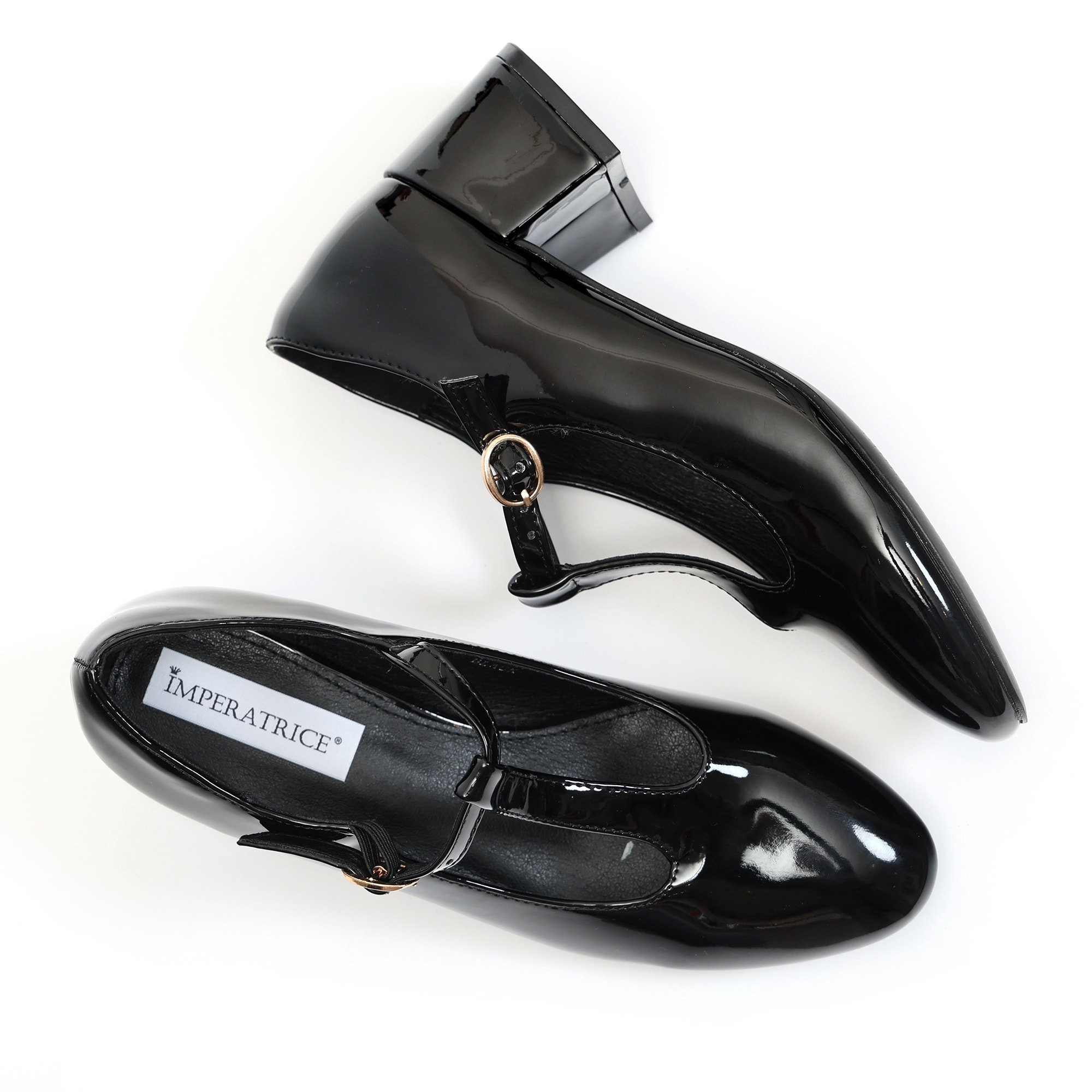 Dècolletè in simil pelle verniciata con tacco basso quadrato