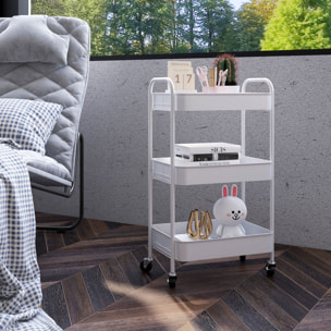 Carrito Auxiliar con Ruedas de 3 Niveles, Carrito de Cocina con 3 Cestas y 2 Asas para Baño, Dormitorio, Oficina, 45x30,6x79 cm, Blanco