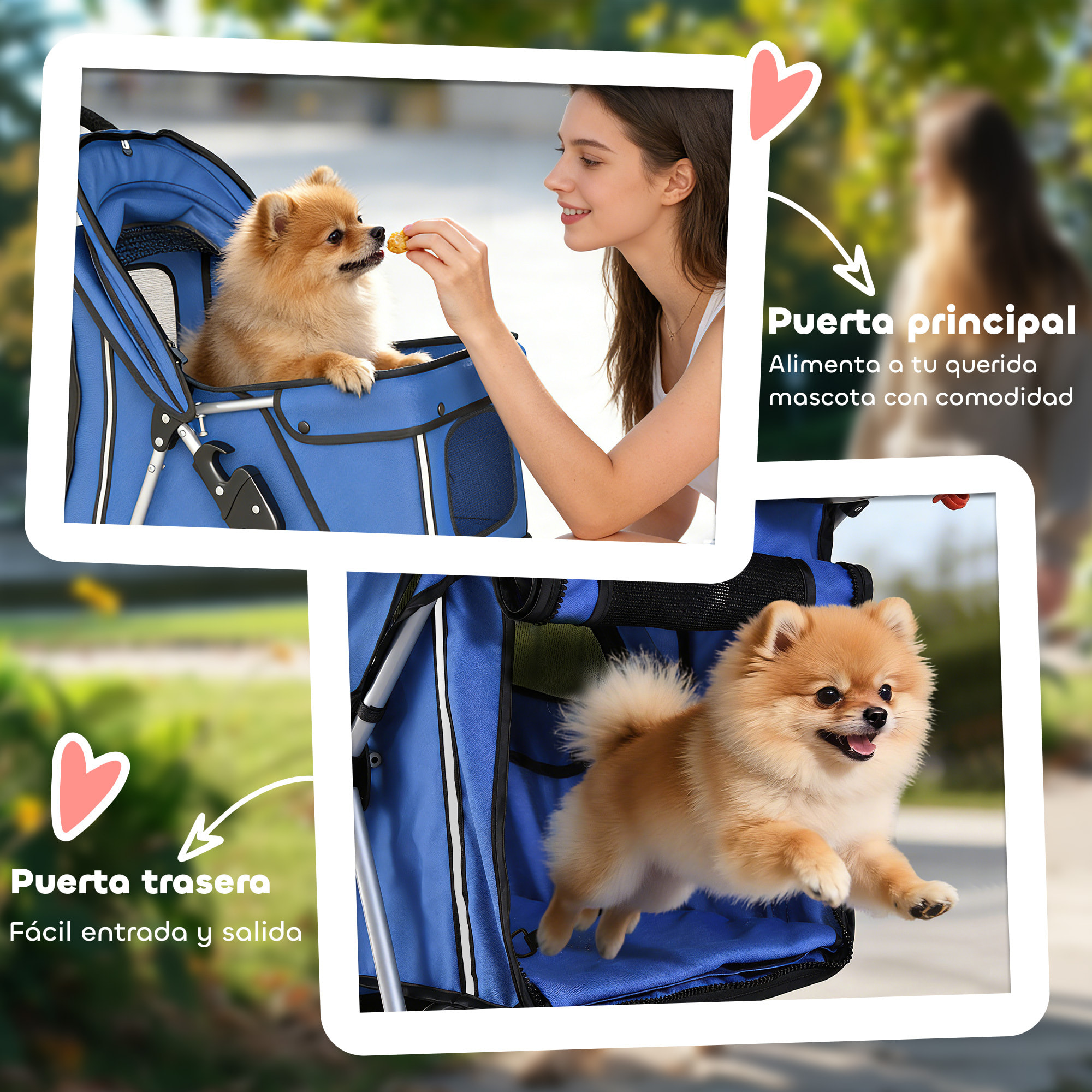 Carrito para Perros Plegable, Cochecito para Perros Pequeños con Cesta de Almacenaje, Ventanas de Malla, Portavasos y Ruedas, Carga 10 kg, 77x44x102 cm, Azul