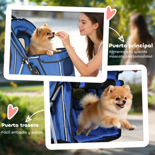 Carrito para Perros Plegable, Cochecito para Perros Pequeños con Cesta de Almacenaje, Ventanas de Malla, Portavasos y Ruedas, Carga 10 kg, 77x44x102 cm, Azul