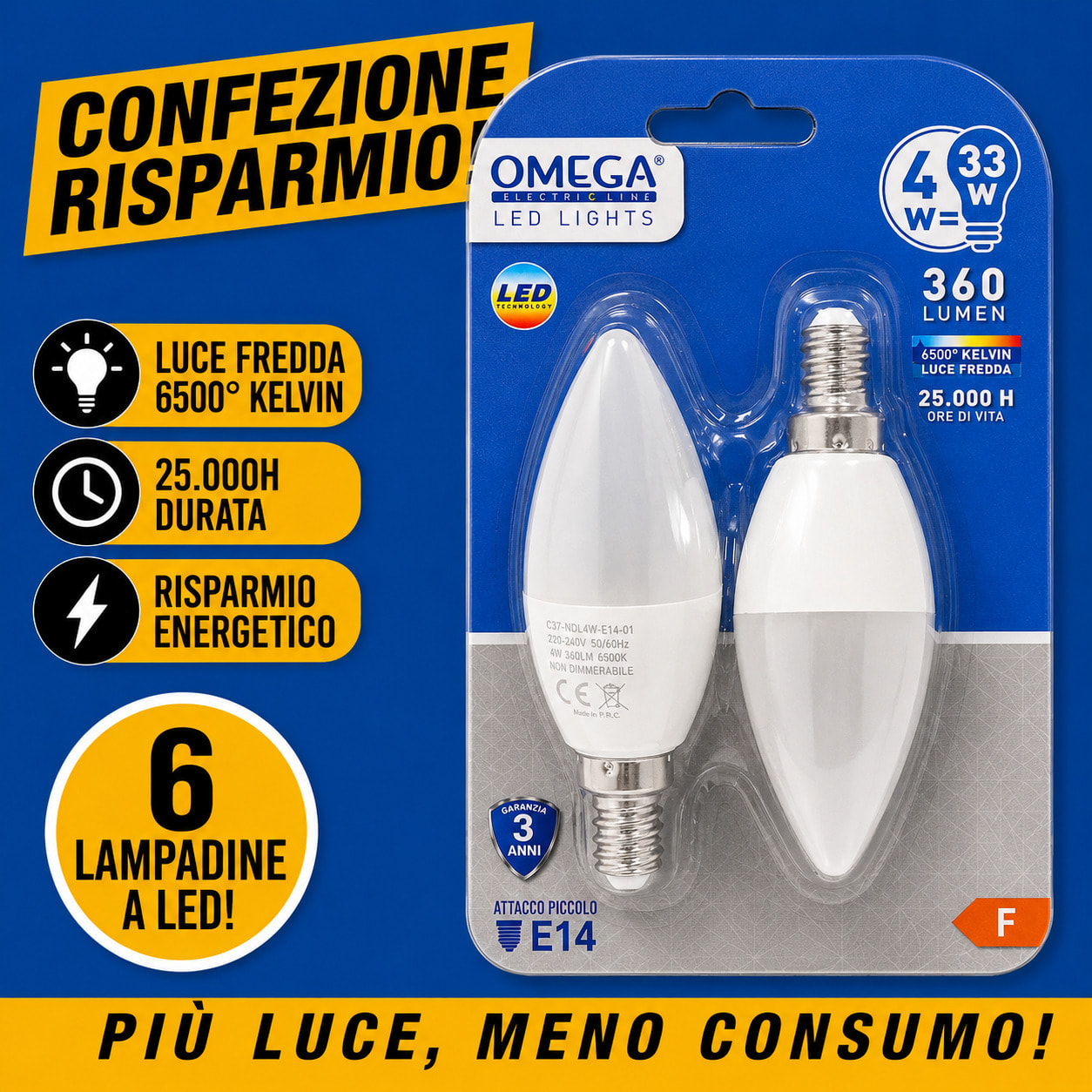 OMEGA Set 6 Lampadine LED Sfera 4W E14 6500K