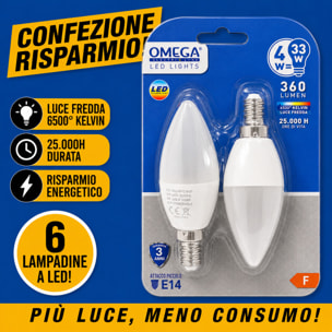 OMEGA Set 6 Lampadine LED Sfera 4W E14 6500K