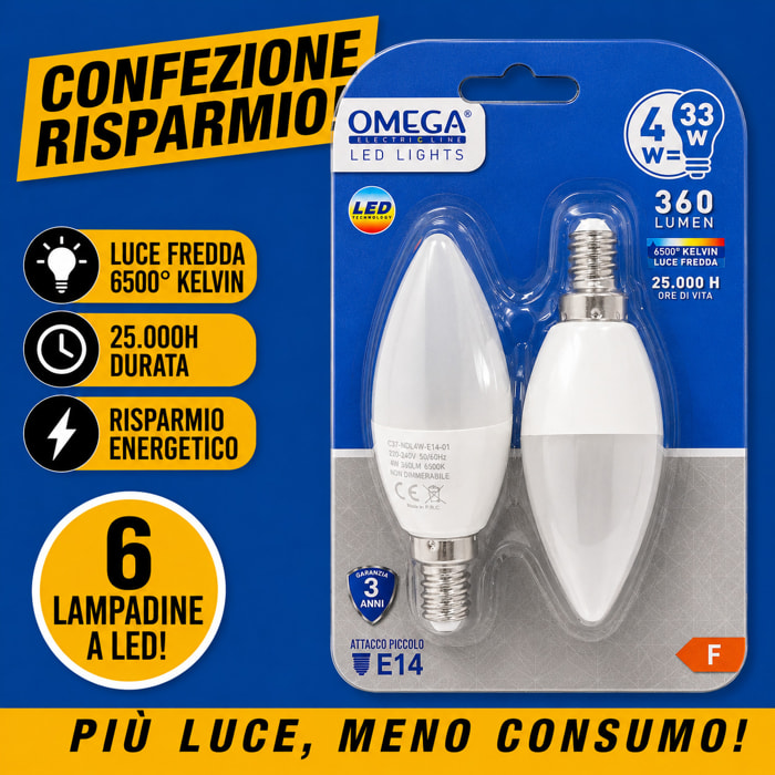 OMEGA Set 6 Lampadine LED Sfera 4W E14 6500K