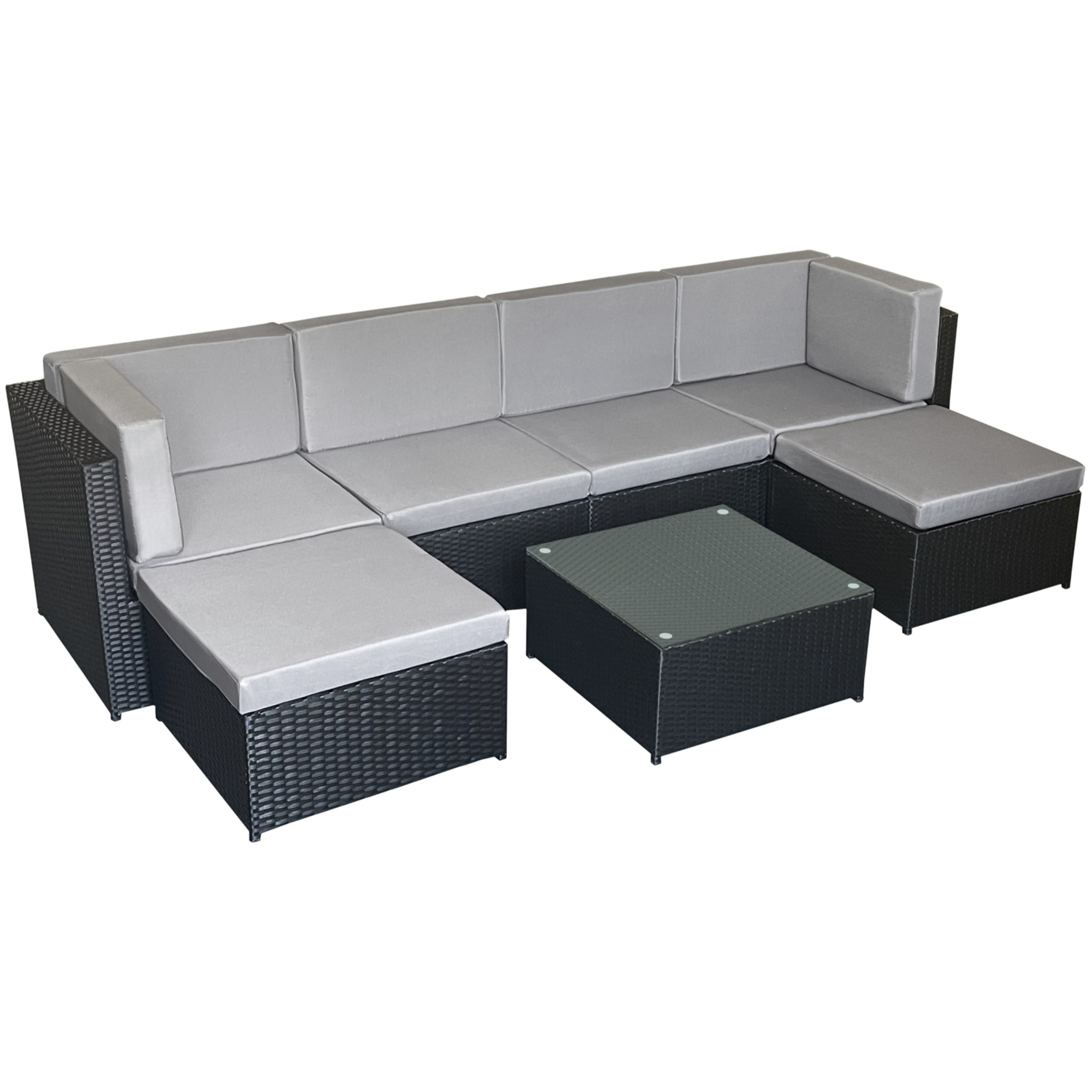 Salon de jardin BONIFACIO en résine tressée noir 6 places - coussin gris