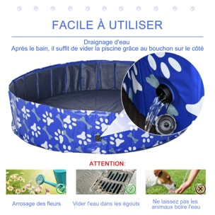 Piscine pour chien bassin PVC pliable anti-glissant facile à nettoyer Ø 1,4 m hauteur 30 cm motifs os pattes bleu