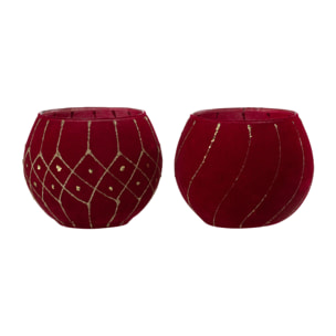J-Line photophore Lignes/Carreaux - velours - rouge/or - 2 pcs