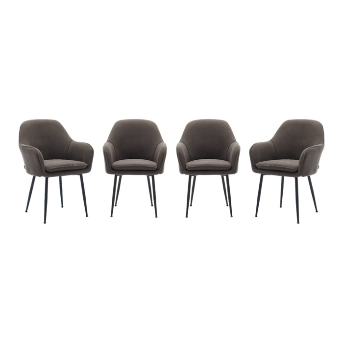 Lot de 4 fauteuils en velours côtelé gris foncé et pieds en métal noir mat. L 57 x P 59 x H 84.5cm