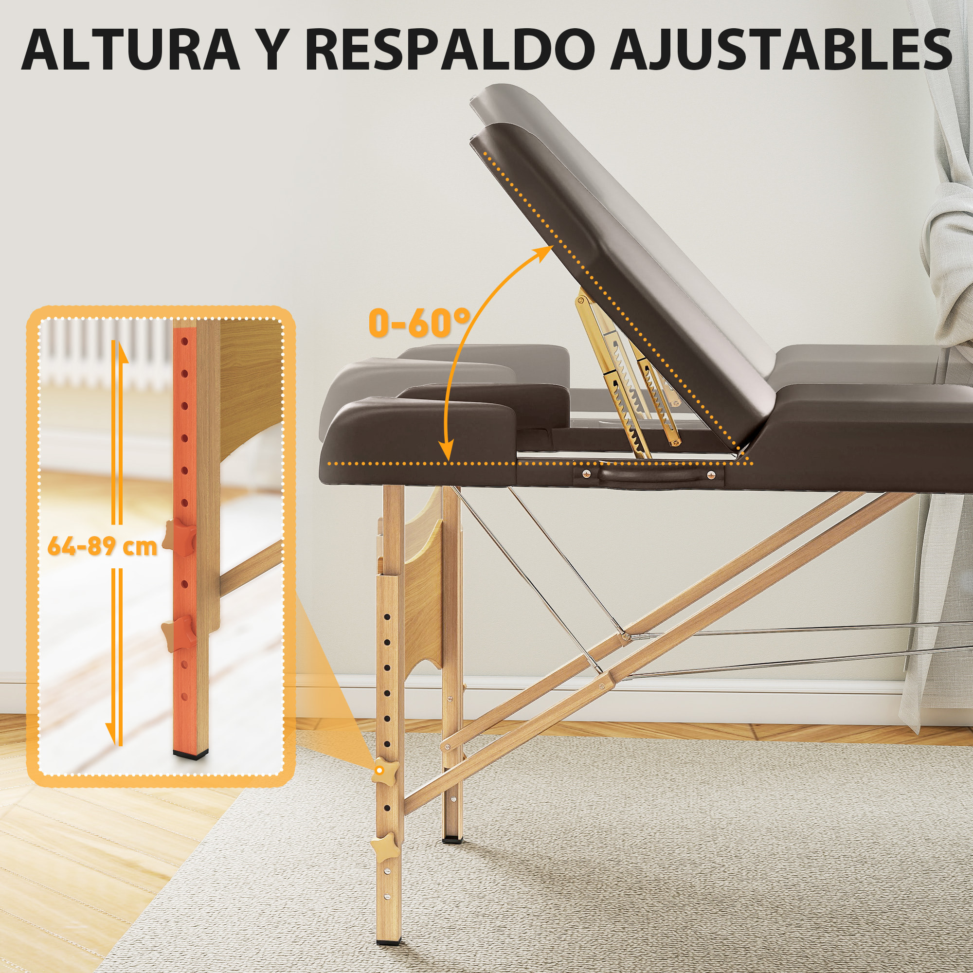 Camilla Masaje Plegable Portátil Camilla Estética Profesional de Madera de 3 Zonas con Altura, Respaldo, Soporte para Piernas, Reposacabezas Ajustables Brazos Acolchados 215x60x64-89 cm Marrón