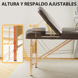 Camilla Masaje Plegable Portátil Camilla Estética Profesional de Madera de 3 Zonas con Altura, Respaldo, Soporte para Piernas, Reposacabezas Ajustables Brazos Acolchados 215x60x64-89 cm Marrón