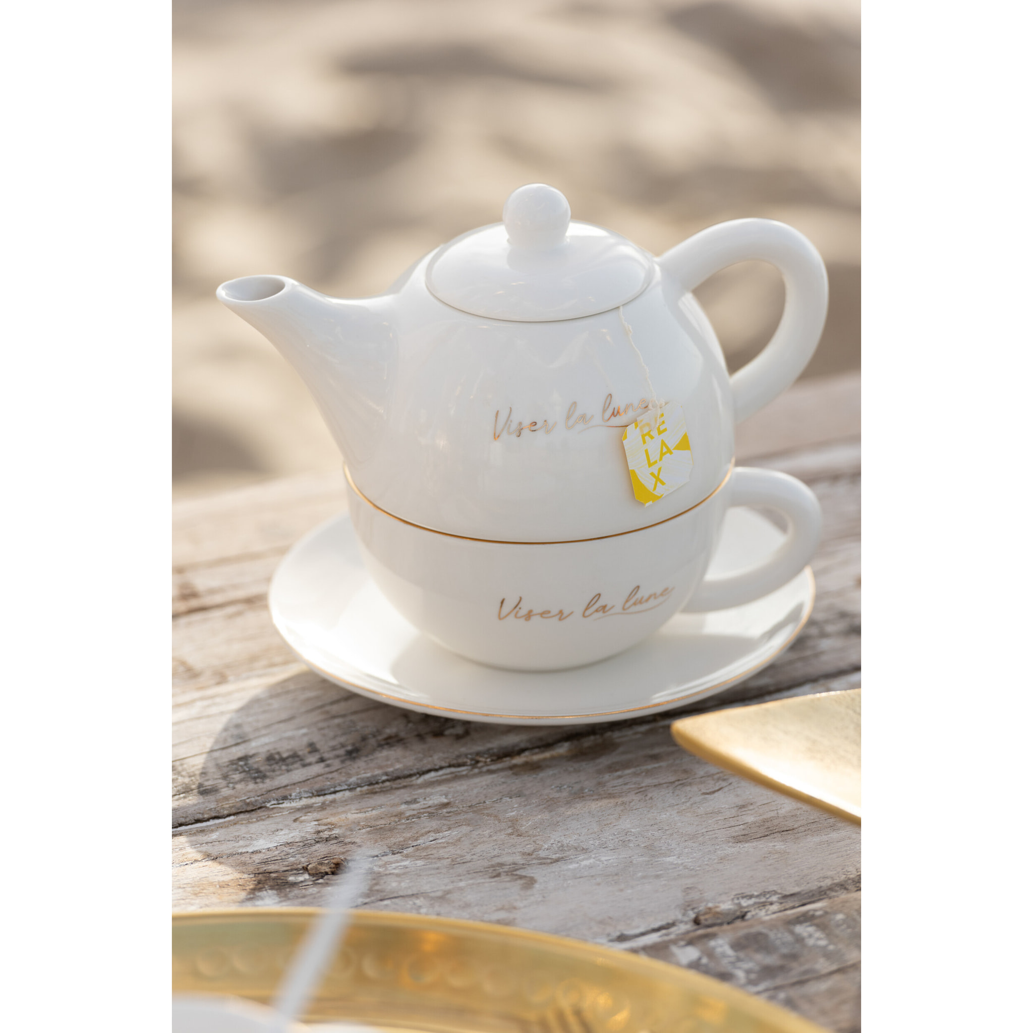 J-Line tasse + théière - porcelaine - blanc/or