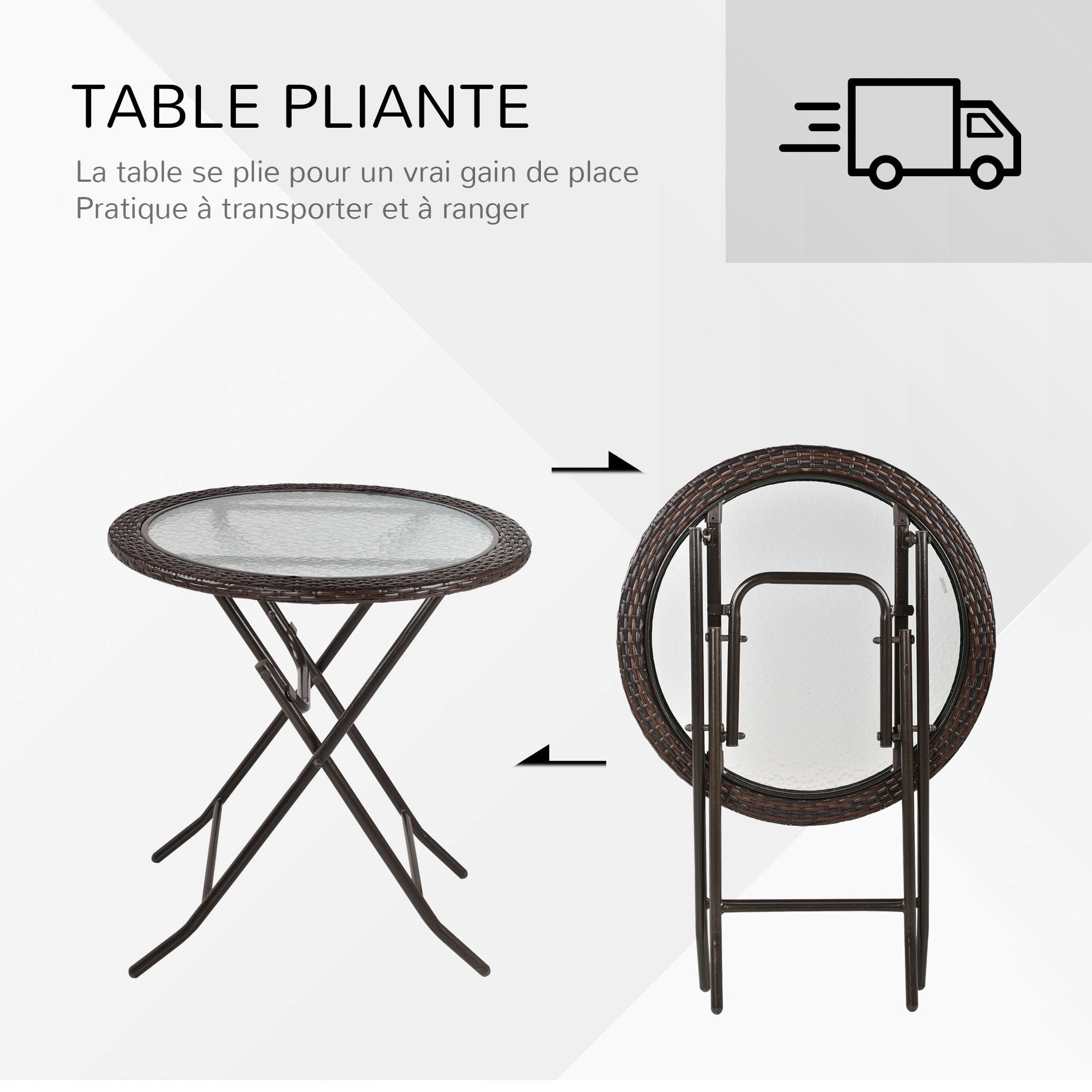 Table ronde bistro de jardin pliable dim. Ø 68 x 73H cm métal époxy résine tressée chocolat plateau verre trempé