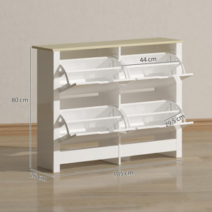 Armoire à chaussures 4 portes abattantes 2 compartiments panneaux particules blanc chêne