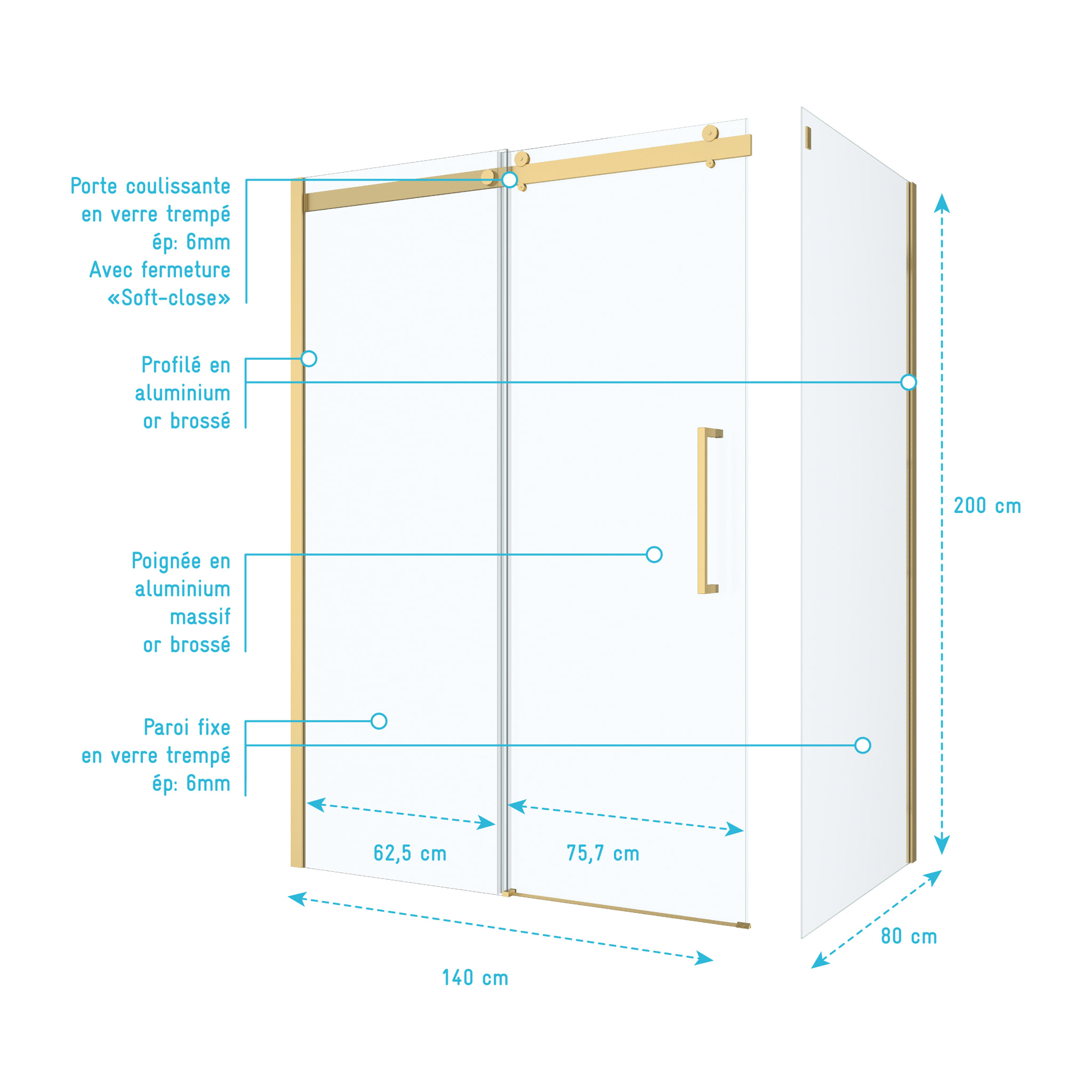 Pack Porte de Douche Coulissante 140x200cm et Retour 80cm - Or Doré Brossé et Verre trempé 6mm