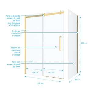 Pack Porte de Douche Coulissante 140x200cm et Retour 80cm - Or Doré Brossé et Verre trempé 6mm