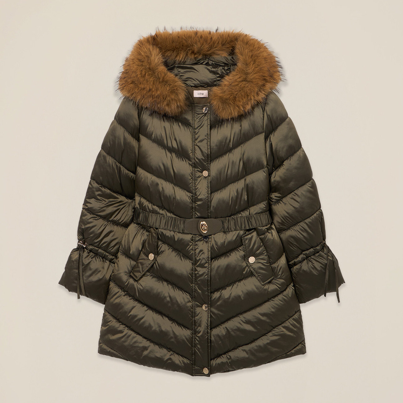 Oltre - Piumino midi con cintura - Verde militare