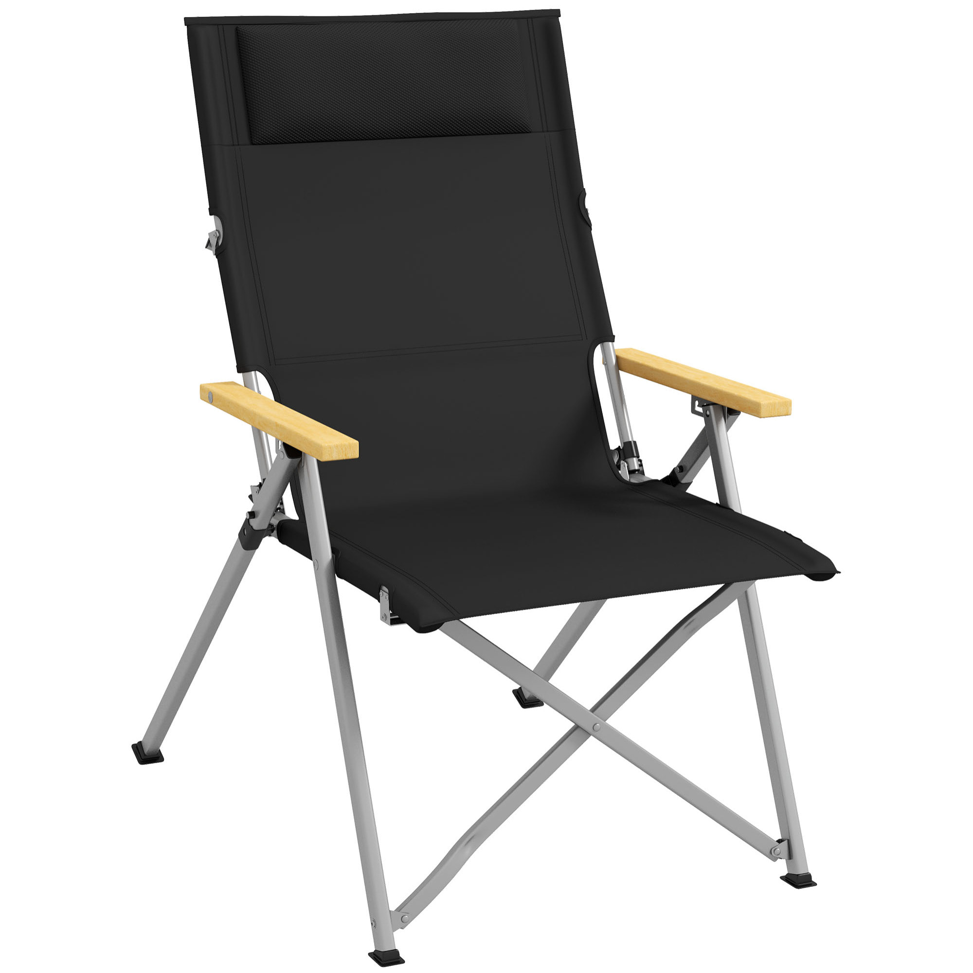Silla de Camping Plegable de Aluminio con Respaldo Ajustable Reposabrazos de Madera Silla de Jardín Portátil con Bolsa de Transporte para Exterior Piscina Playa 74x59,5x98 cm Negro