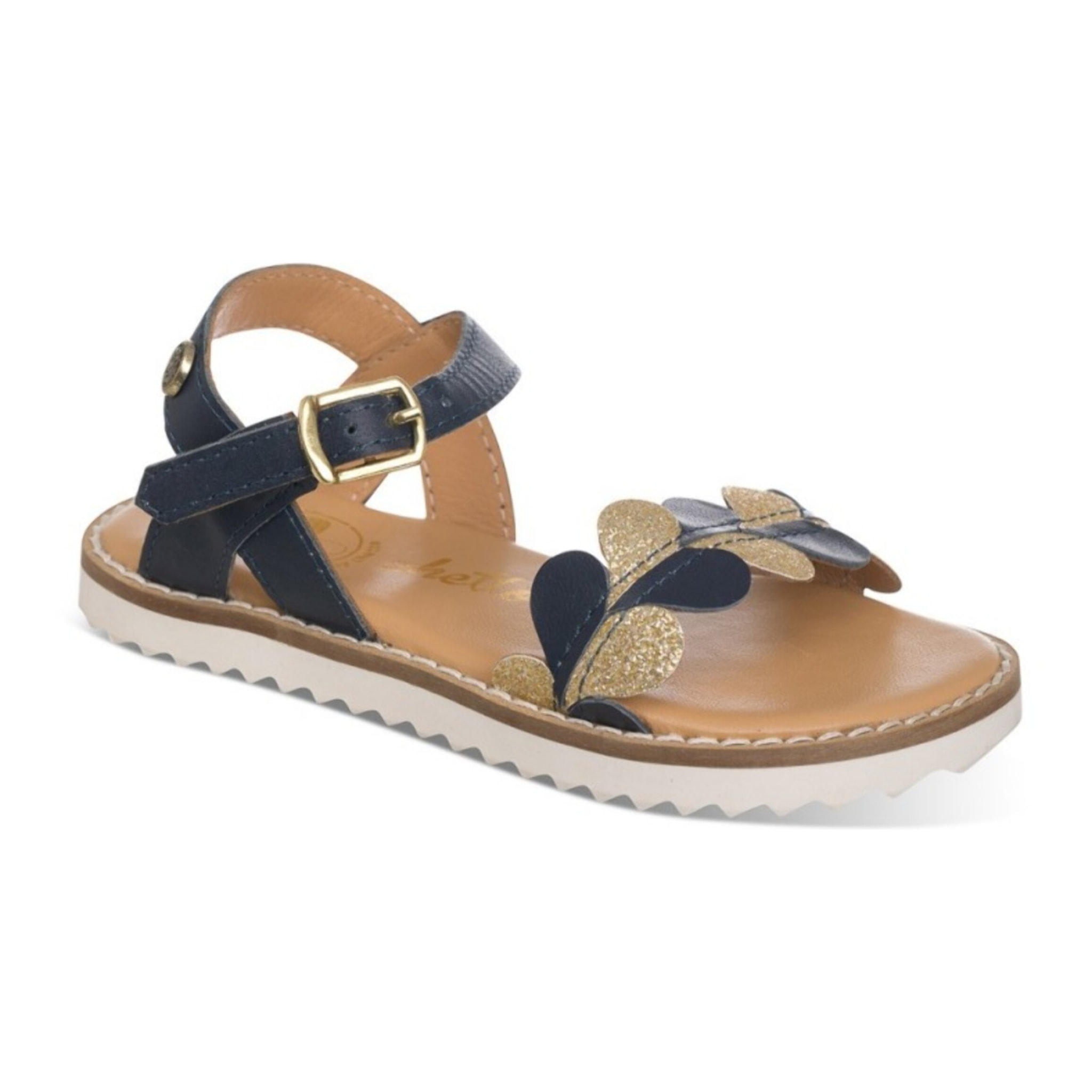 Sandalia color oro azul en piel, moderna con detalle de corazones