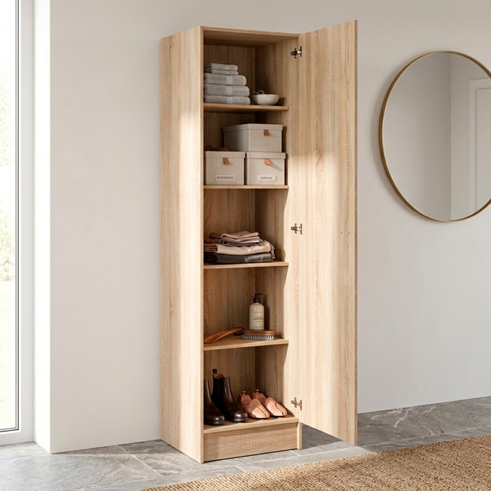 Colonna Armadio Bagno 1 Anta Salvaspazio 4 Ripiani Regolabili Mobile Alto Ingresso Corridoio Ripostiglio Moderno Semplice Con Maniglia In Metallo Argentata 200 x 47.1 x 49.2 Cm Rovere
