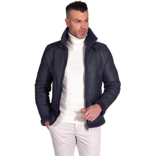 Montone blu Shearling biker uomo collo camicia con fibbia