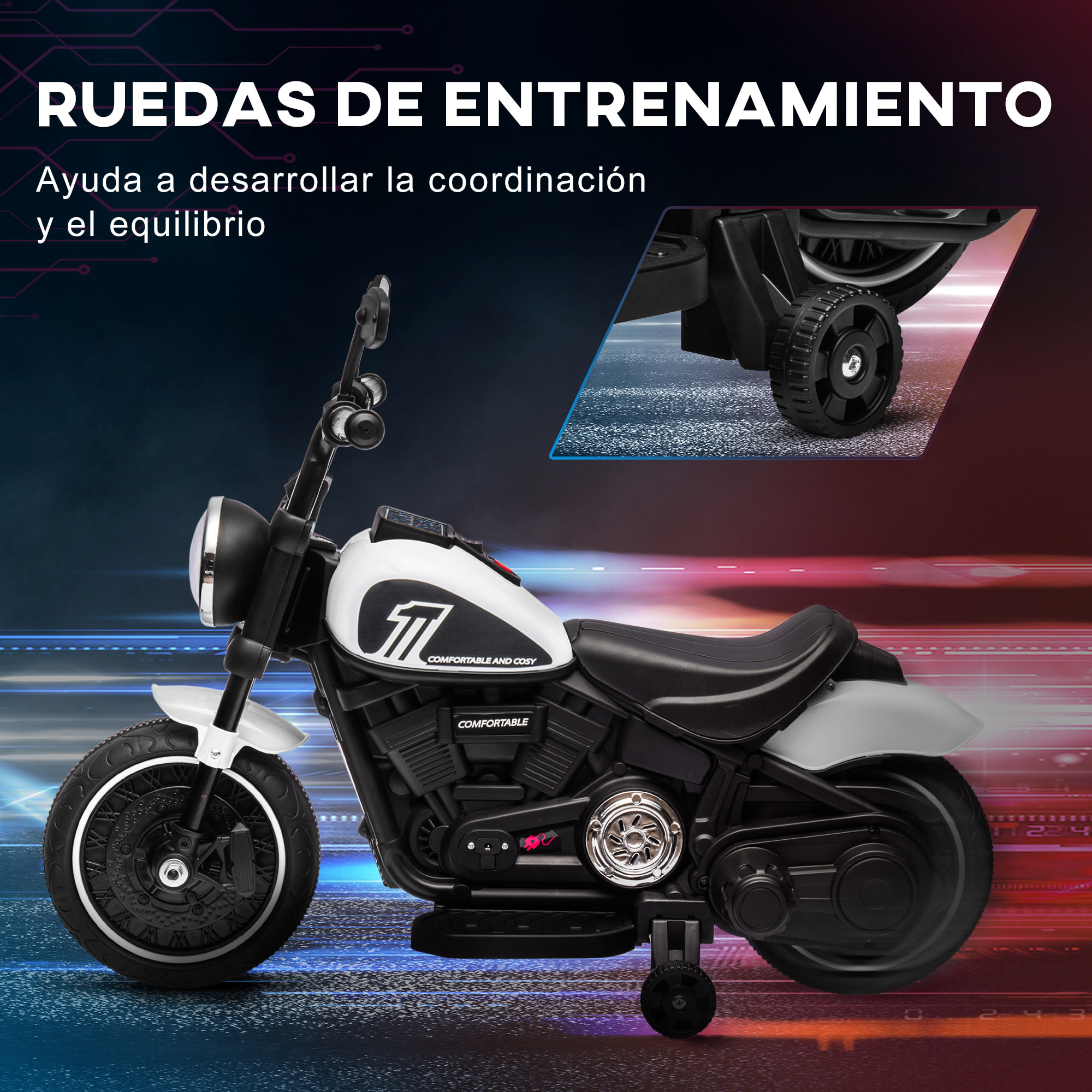 Moto Eléctrica para Niños de 18-36 Meses, Moto Eléctrica Infantil con Batería 6V, Faro y Ruedas Auxiliares Desmontables, Carga 25 kg, Blanco