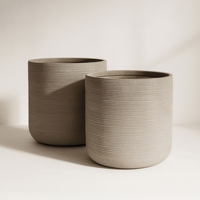 Set de 2 pots ronds en terre d'argile taupe 38/45cm