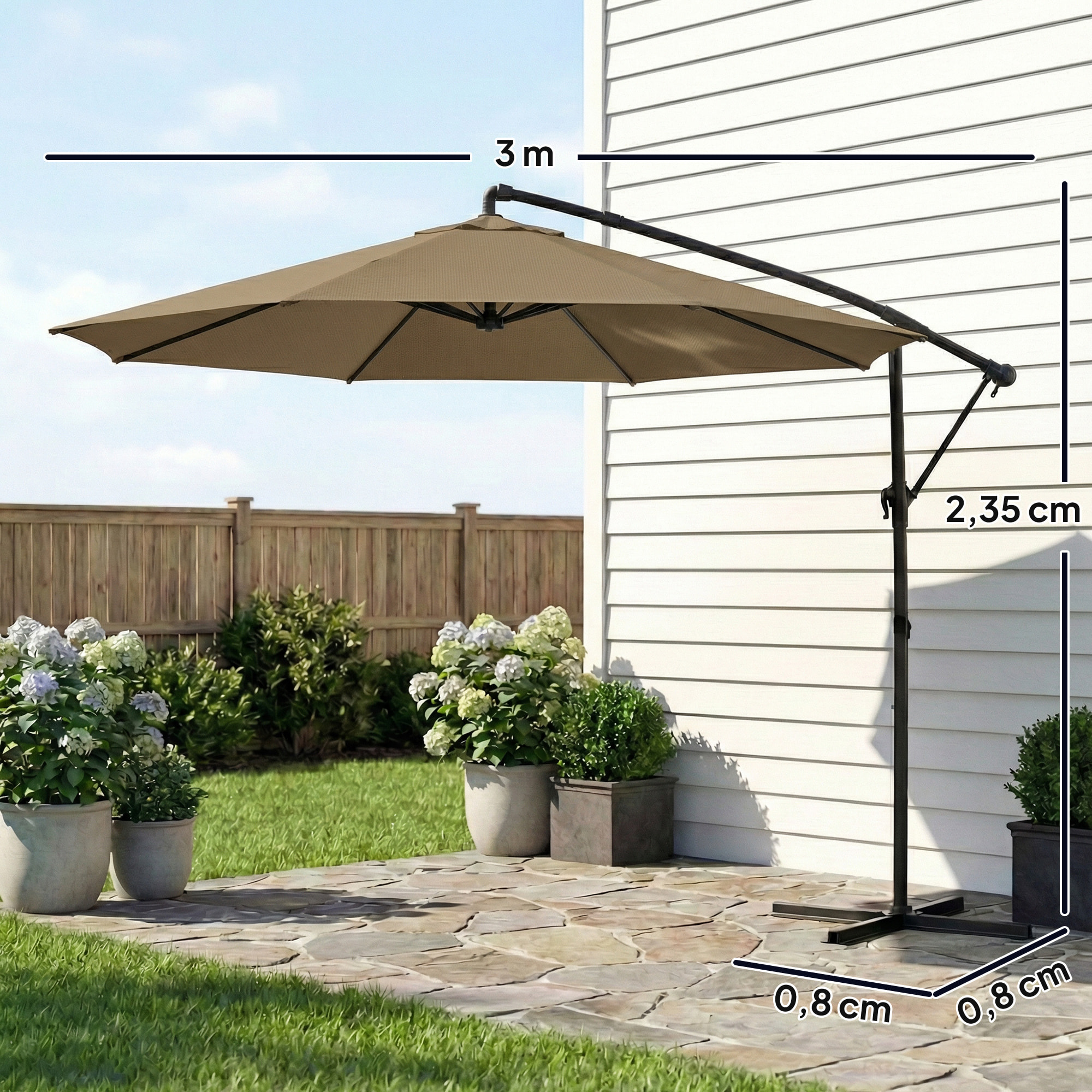 Parasol déporté pivotant inclinable 3 x 3 m métal polyester kaki