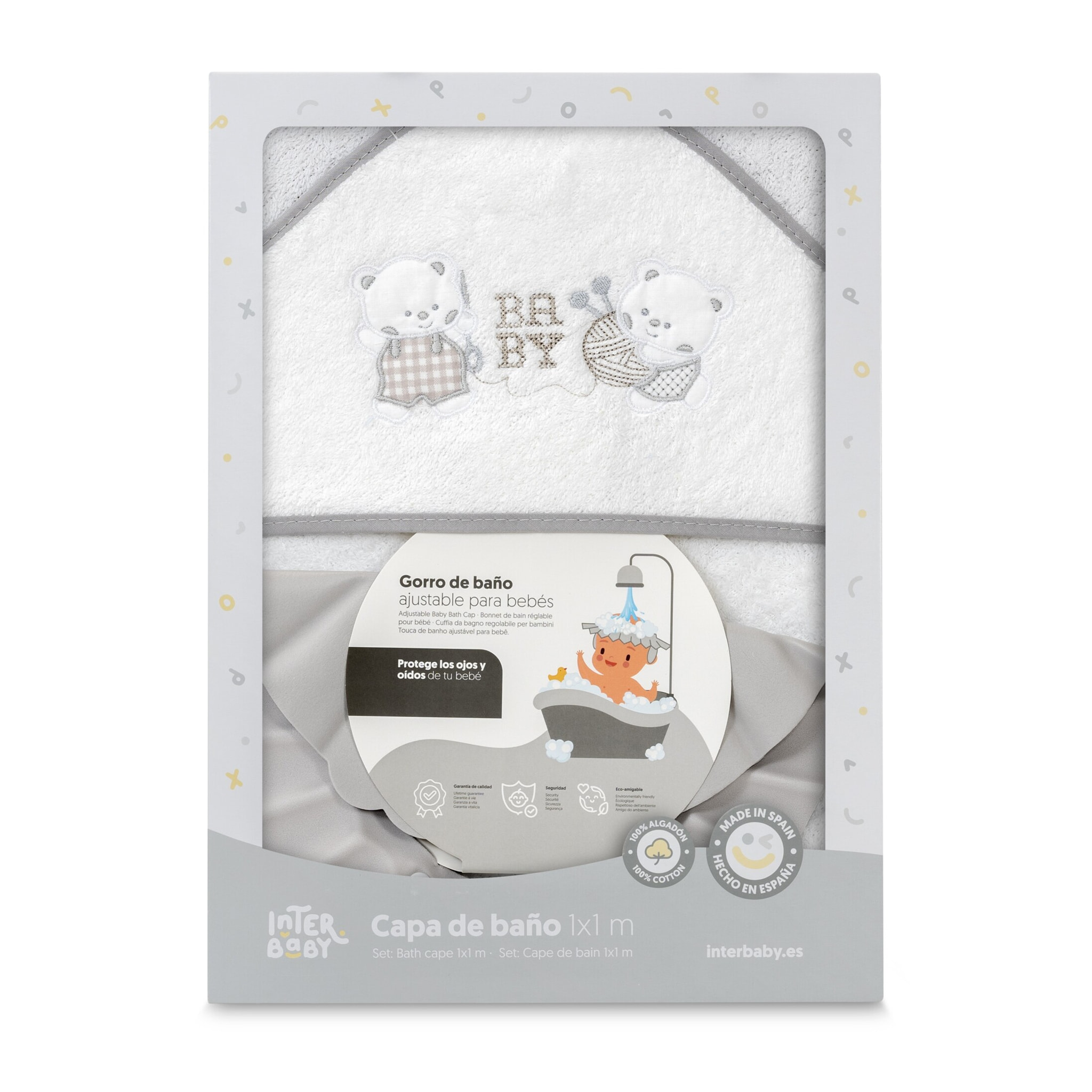 Capa Baño 1X1 Mod Ositos Baby Juguetones + Gorro Bco/Gris