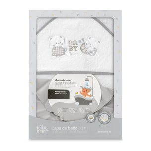 Capa Baño 1X1 Mod Ositos Baby Juguetones + Gorro Bco/Gris