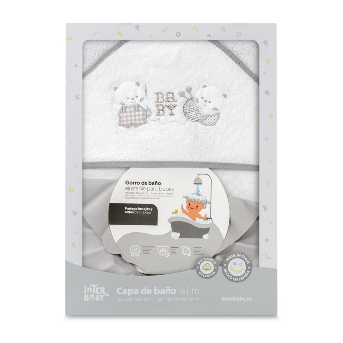 Capa Baño 1X1 Mod Ositos Baby Juguetones + Gorro Bco/Gris