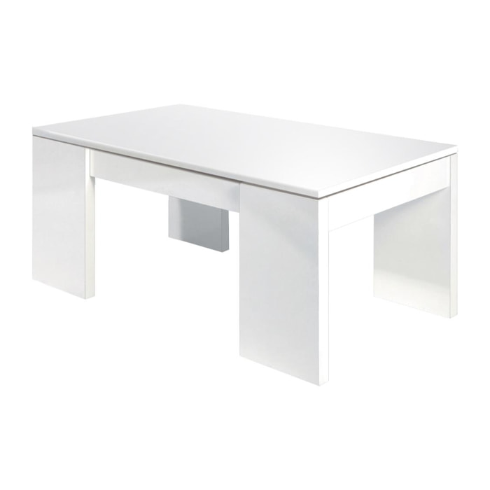 Tavolino da salotto Malibu, Tavolino da caffè con piano elevabile, Tavolo basso da soggiorno, cm 100x50h43/84, Bianco lucido