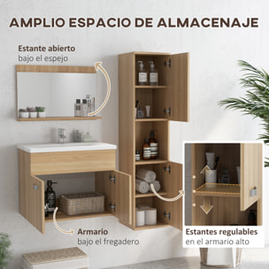 Conjunto de Muebles de Baño de Pared de 3 Piezas, Incluye Espejo, Mueble de Baño con Lavabo Cerámico, Armario Alto con Estantes Ajustables, Estilo Moderno, Natural