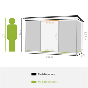 Cobertizo de Jardín 280x130x172 cm Base de 3,1 m² con 2 Puertas Correderas