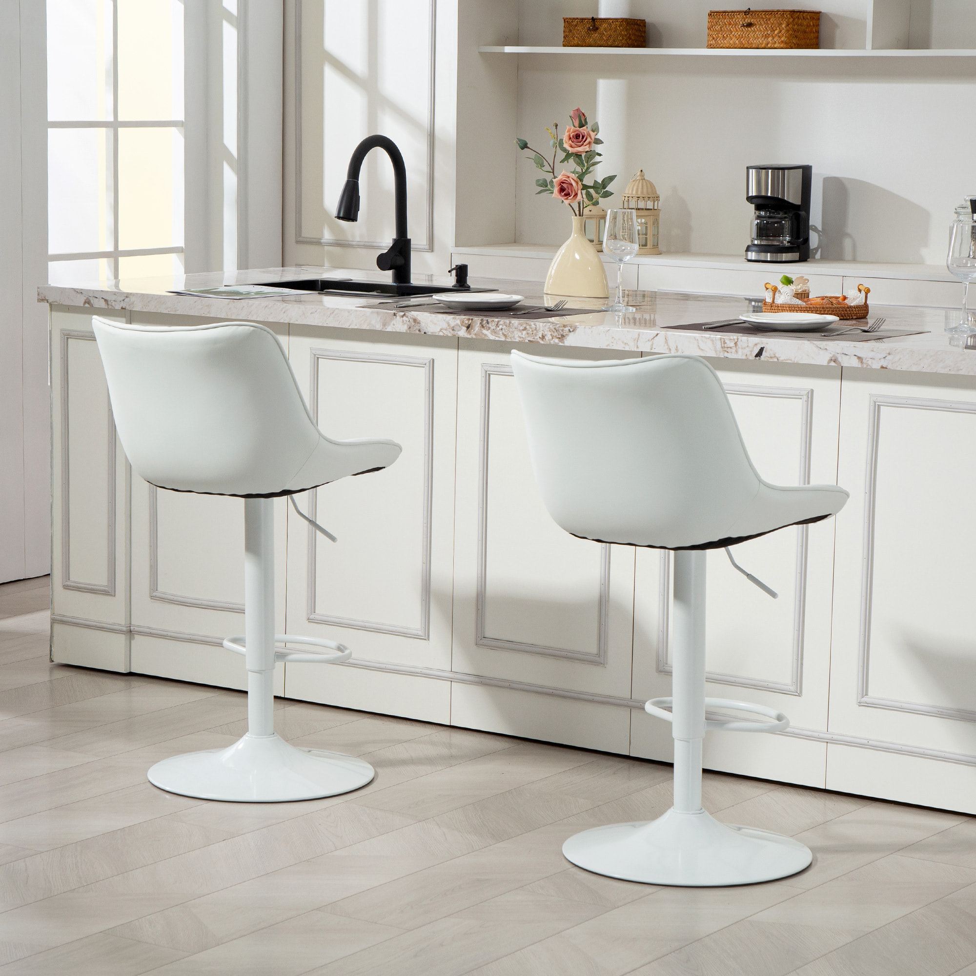 Lot de 2 tabourets de bar design réglables pivotants H.92-110 cm revêtement synthétique blanc