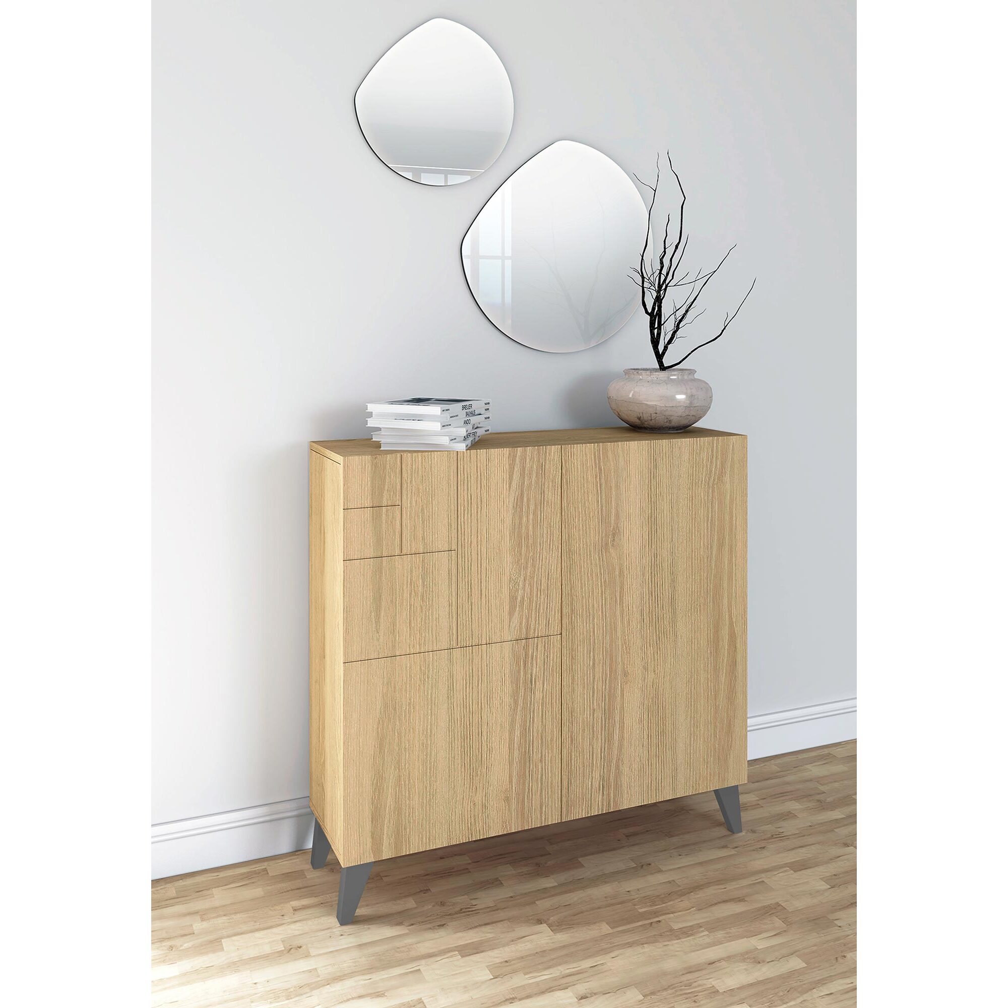 Zapatero Bergen melamina roble patas gris 87x90x27 cm