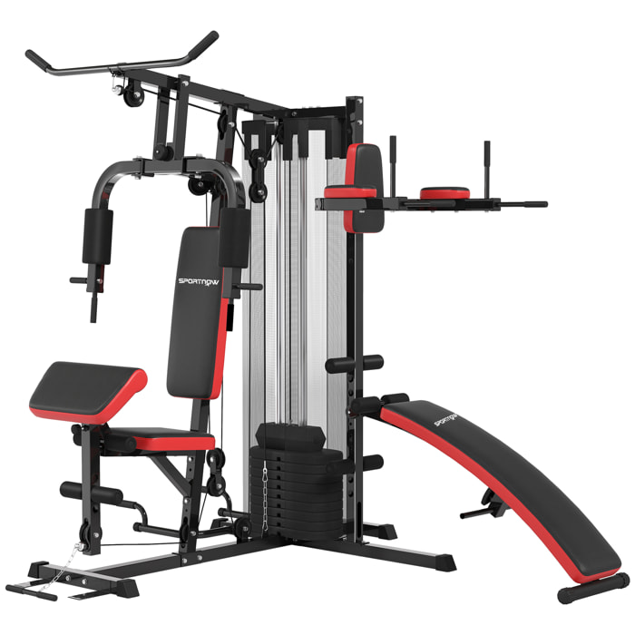 Station de musculation - banc, développé couché, butterfly, barre latissimus et traction, curler, bande résistance, 10 contrepoids - rouge
