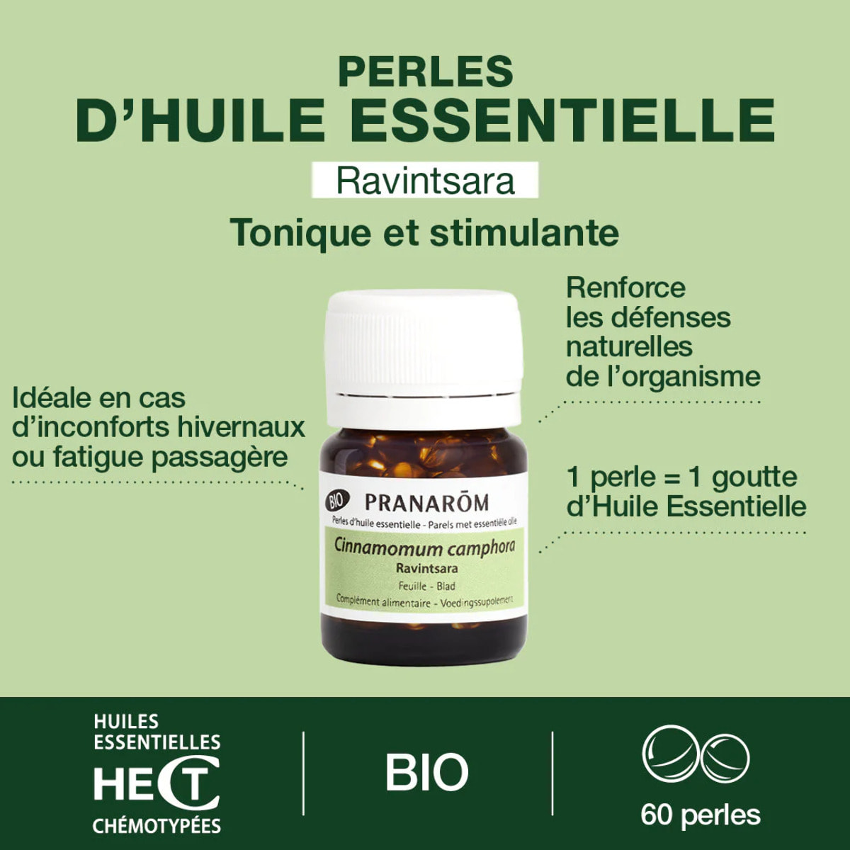 Pranarom - Perles d'Huile Essentielle de Ravintsara - Bio - 60 Perles