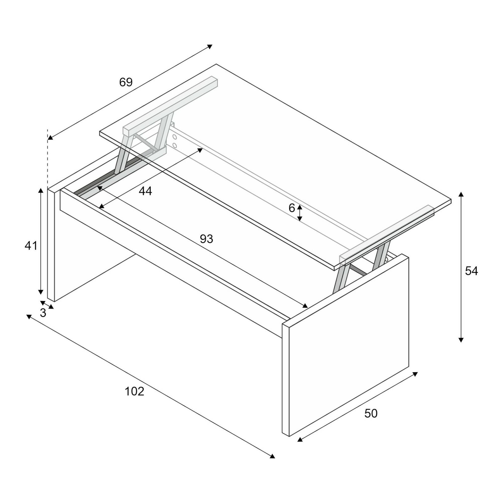 Tavolino da salotto Adrina, Tavolino da caffè con piano elevabile, Tavolo basso da soggiorno, 102x50h43/54 cm, Bianco lucido