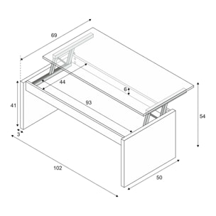 Tavolino da salotto Adrina, Tavolino da caffè con piano elevabile, Tavolo basso da soggiorno, 102x50h43/54 cm, Bianco lucido
