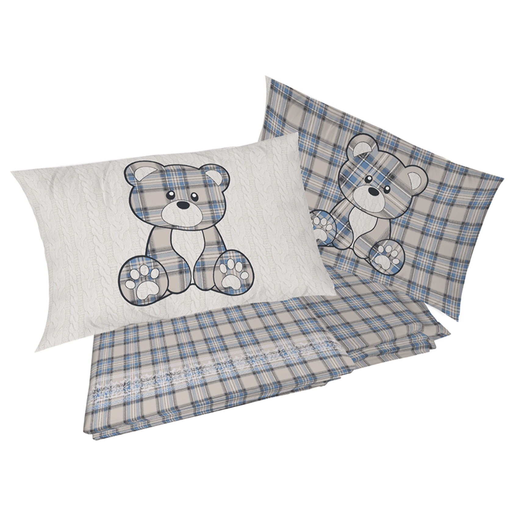 Completo letto in flanella tartan orsetto azzurro flanella 100% cotone