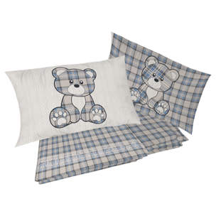 Completo letto in flanella tartan orsetto azzurro flanella 100% cotone