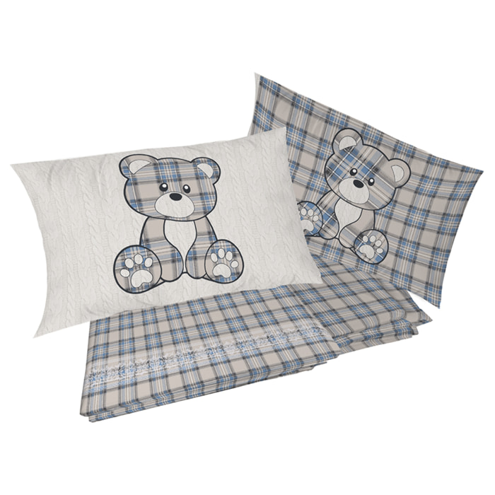Completo letto in flanella tartan orsetto azzurro flanella 100% cotone